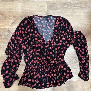 Express Black and Red Floral long sleeve V-neck Blouse